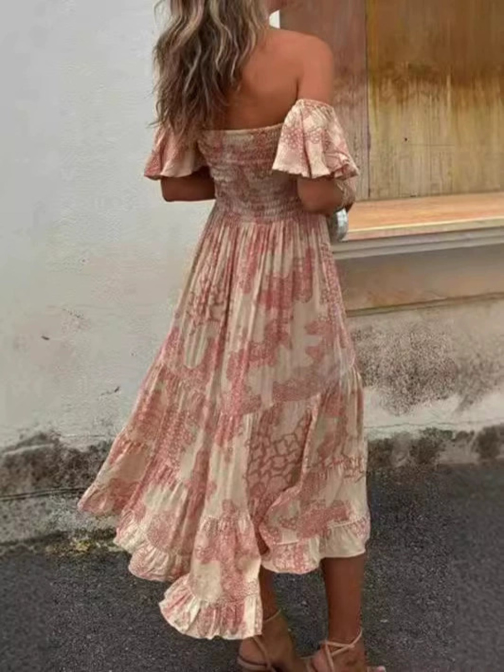 Spring Summer Printed Off Shoulder Strapless Sexy Casual Ruffle Sleeve Dress - Picture 6 of 6